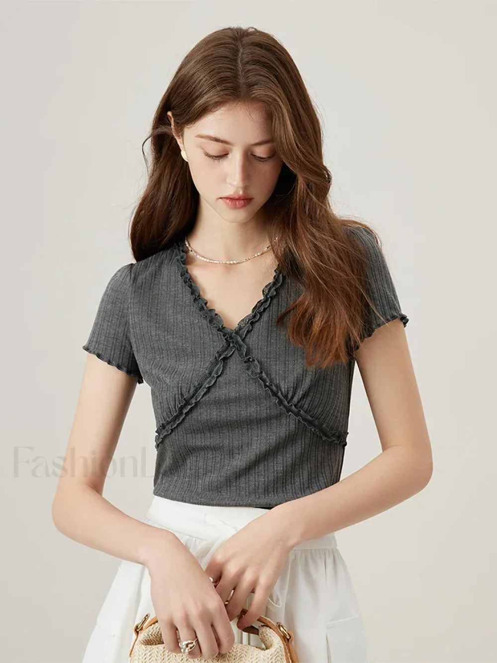 V Neck Slim Lace Patchwork Knit T Shirt GRAY / XS