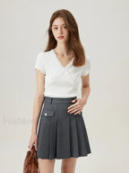 V Neck Slim Lace Patchwork Knit T Shirt White / XS