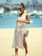 V Neck Slit Cut Cover Up WHITE / One Size