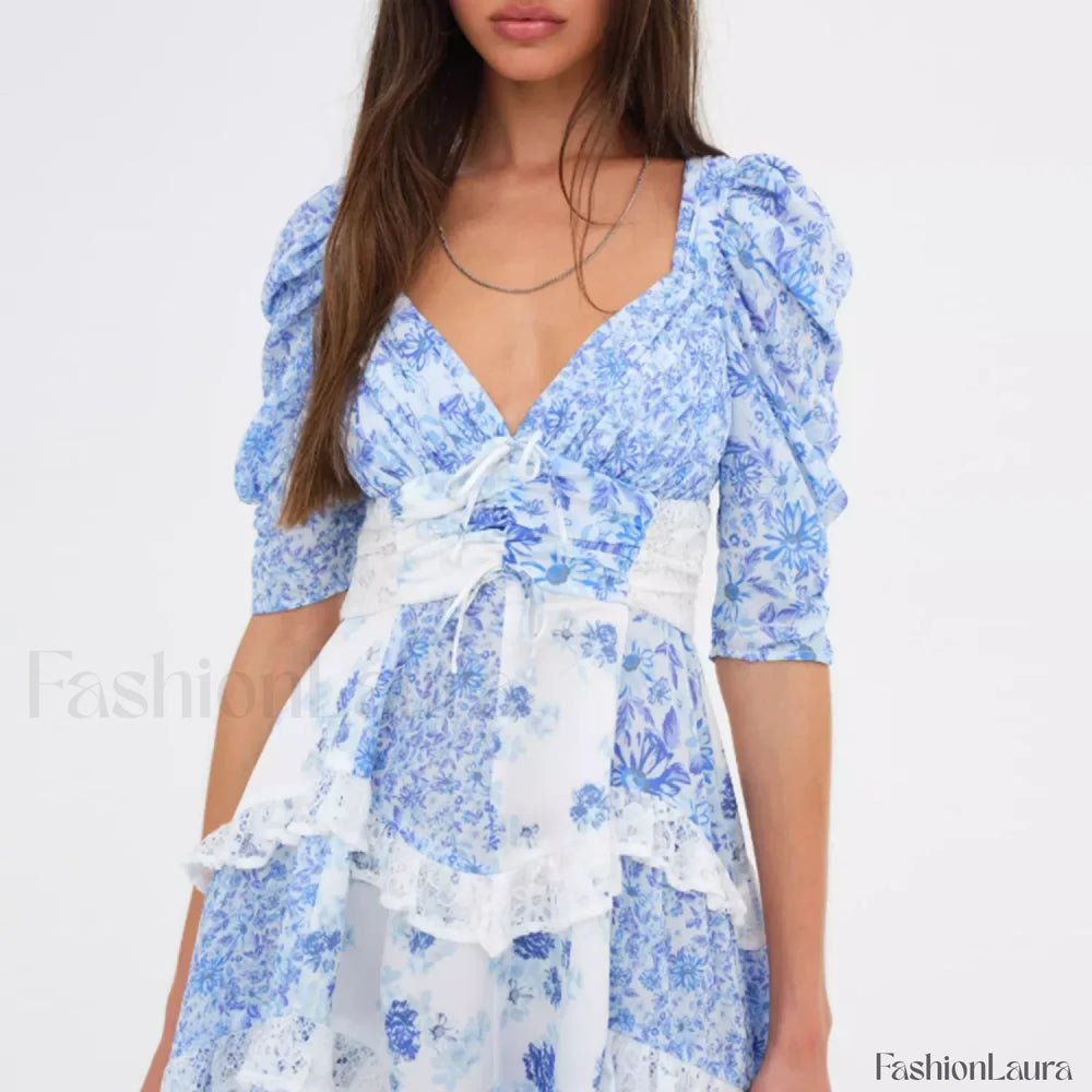 V Neck Spliced Lace Floral Dress
