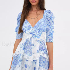 V Neck Spliced Lace Floral Dress