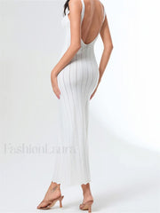 V Neck Strap Backless Knitted Maxi Dress