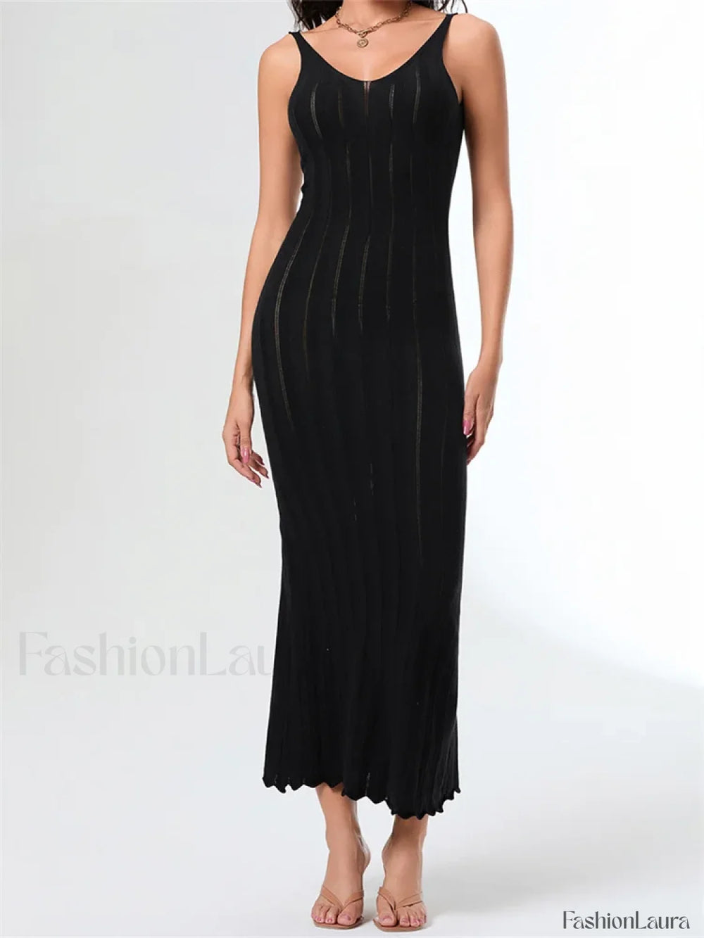 V Neck Strap Backless Knitted Maxi Dress black / S