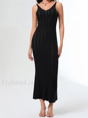 V Neck Strap Backless Knitted Maxi Dress black / S