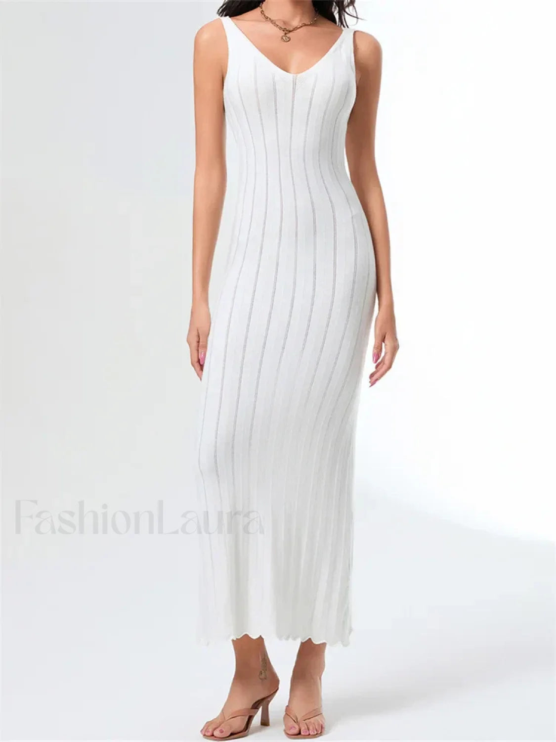 V Neck Strap Backless Knitted Maxi Dress white / S Main image