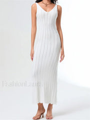 V Neck Strap Backless Knitted Maxi Dress white / S