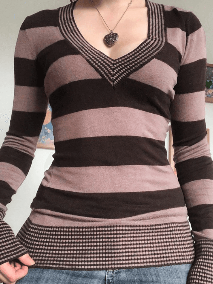 V Neck Striped Knit Top Brown / S Sweaters Main image
