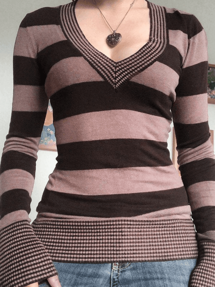 V Neck Striped Knit Top Secondary image