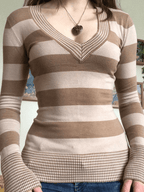 V Neck Striped Knit Top Khaki / S Sweaters