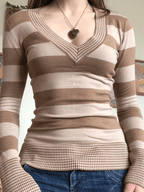 V Neck Striped Knit Top Sweaters