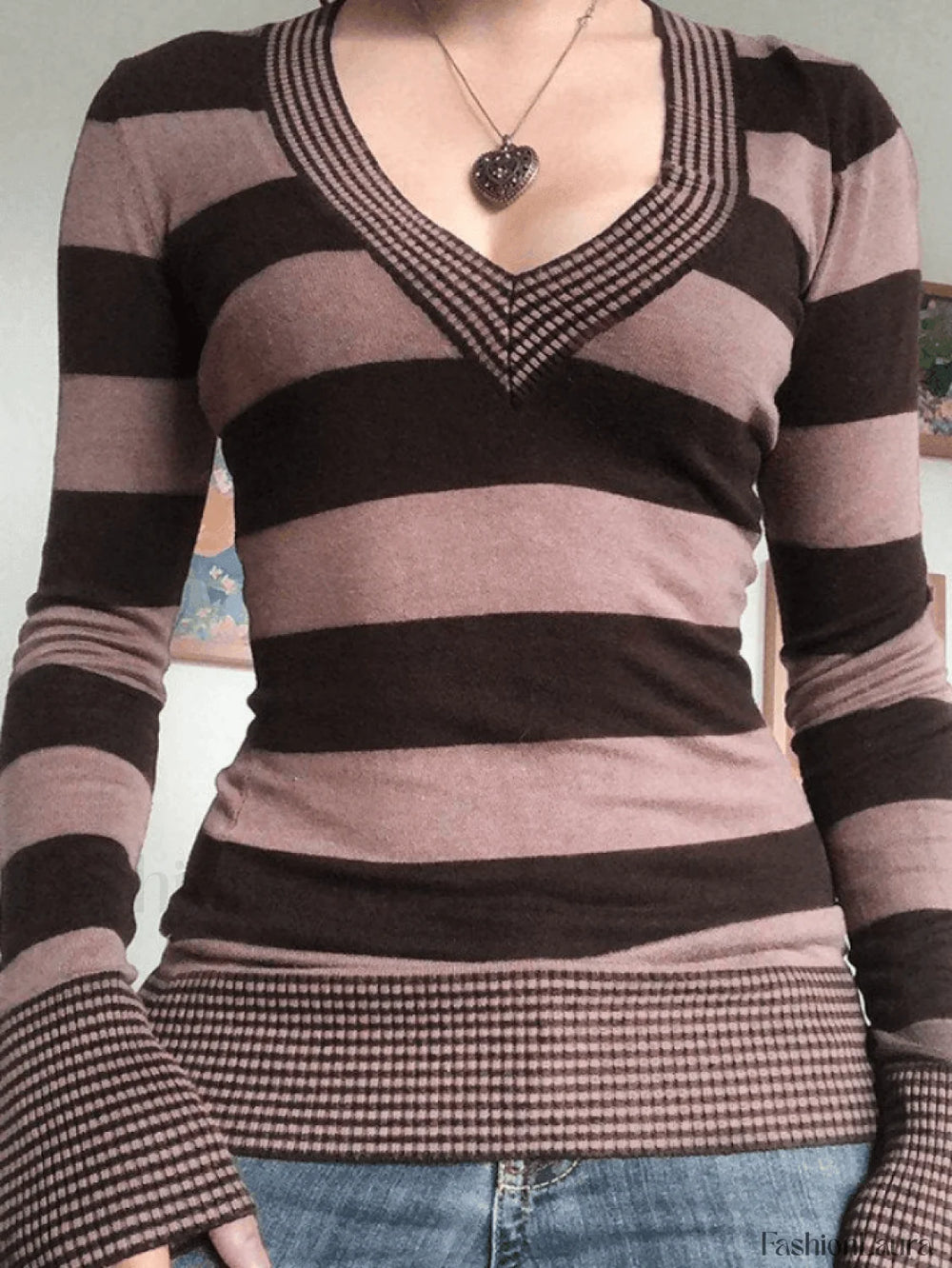 V Neck Striped Knit Top Sweaters