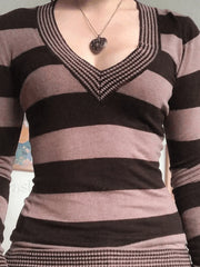 V Neck Striped Knit Top Sweaters