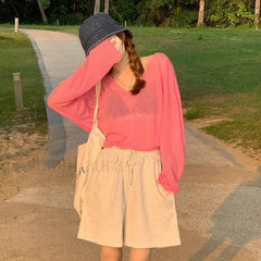 V neck Sunscreen See Through Long Sleeve Cover Up Pink / One Size