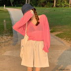 V neck Sunscreen See Through Long Sleeve Cover Up Pink / One Size