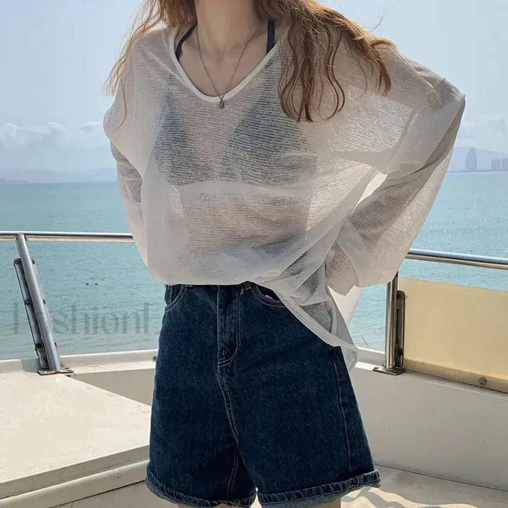 V neck Sunscreen See Through Long Sleeve Cover Up WHITE / One Size