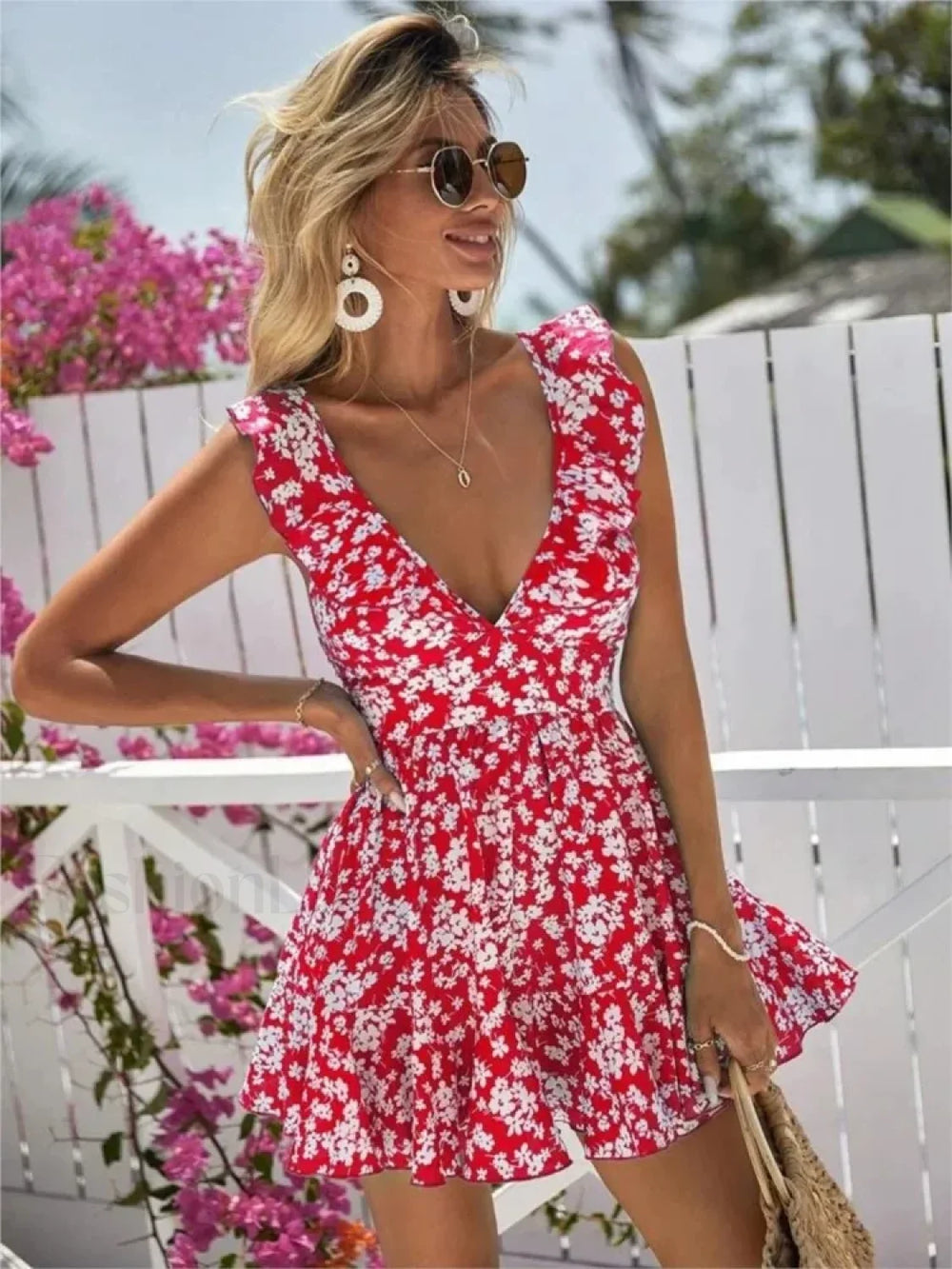 V Neck Suspender Floral Dress