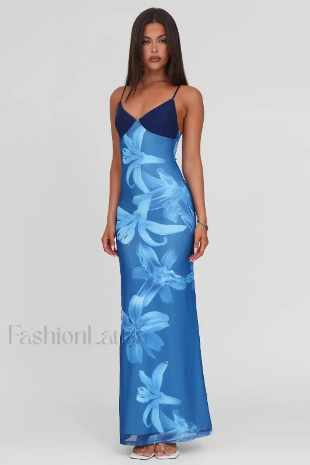 V Neck Tie Dye Mesh Patchwork Maxi Dress Blue / S Main image