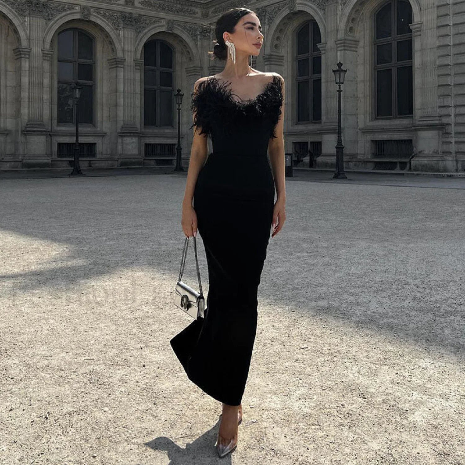 V Neck Tube Top Fishtail Fluffy Maxi Dress
