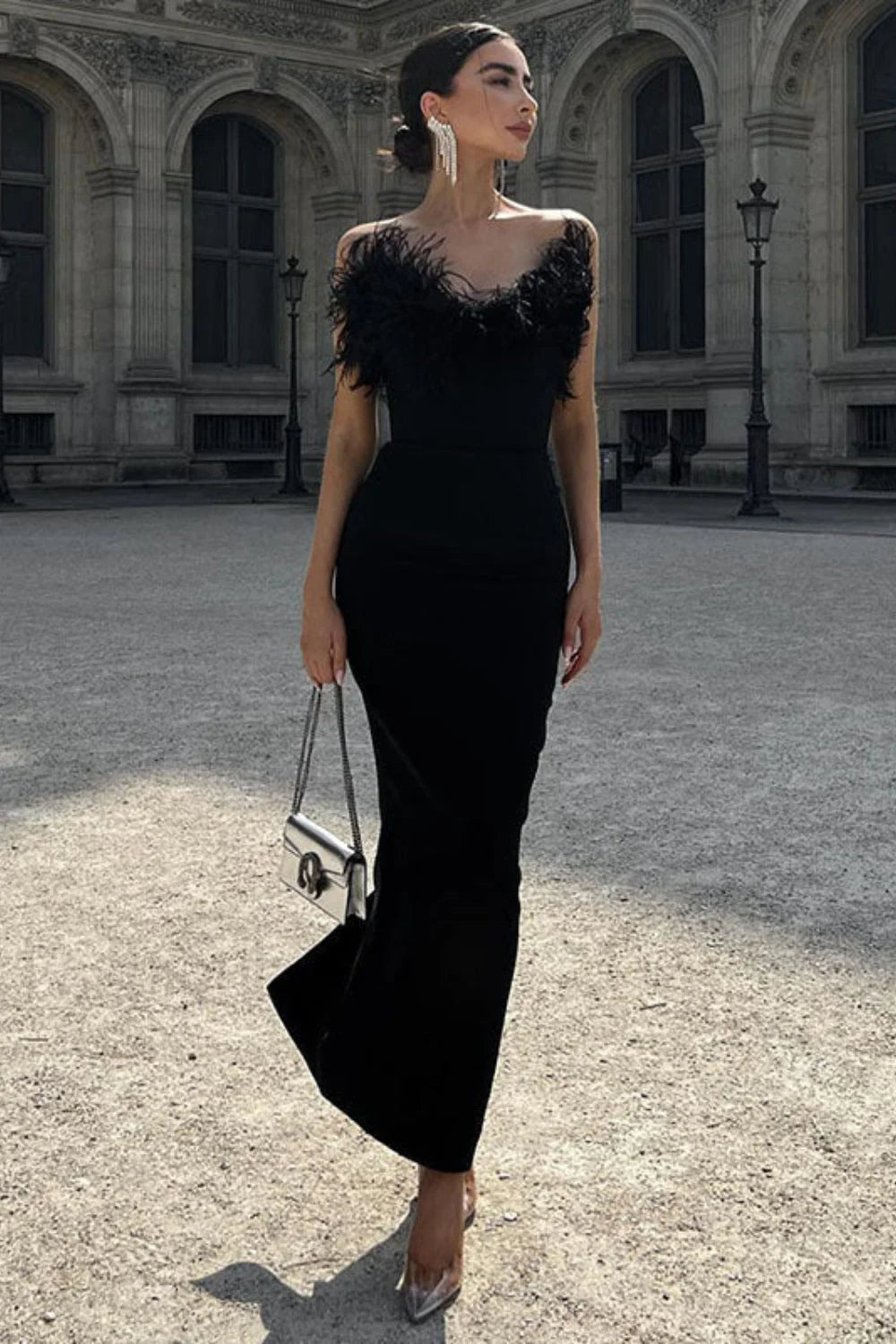 V Neck Tube Top Fishtail Fluffy Maxi Dress Black / S Main image