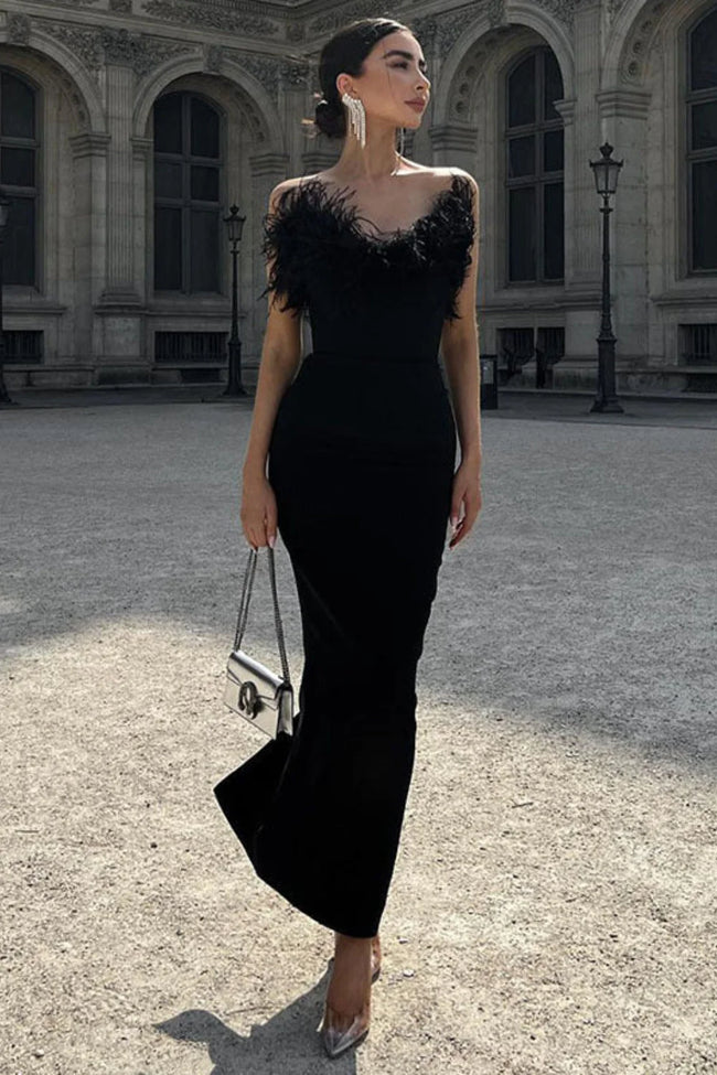 V Neck Tube Top Fishtail Fluffy Maxi Dress Black / S Main image