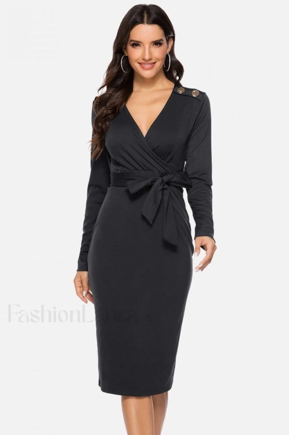 V Neck Wrap Charming Tied Waist Slit Dress S / Black
