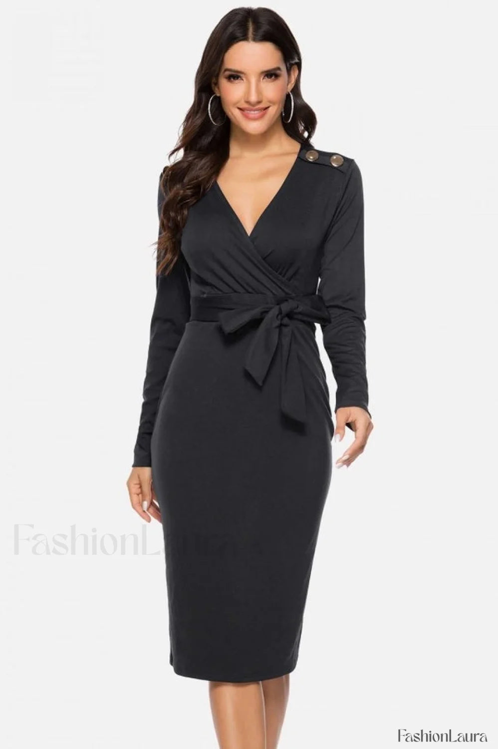 V Neck Wrap Charming Tied Waist Slit Dress S / Black