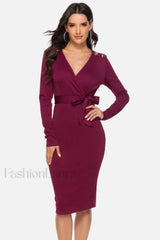V Neck Wrap Charming Tied Waist Slit Dress S / Claret