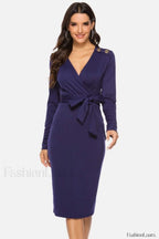 V Neck Wrap Charming Tied Waist Slit Dress S / Purple