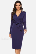V Neck Wrap Charming Tied Waist Slit Dress S / Purple