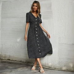 Vacation Chic Single breasted Cardigan V neck Short Sleeve Hem Slit Retro Dot Midi Dress Black / S