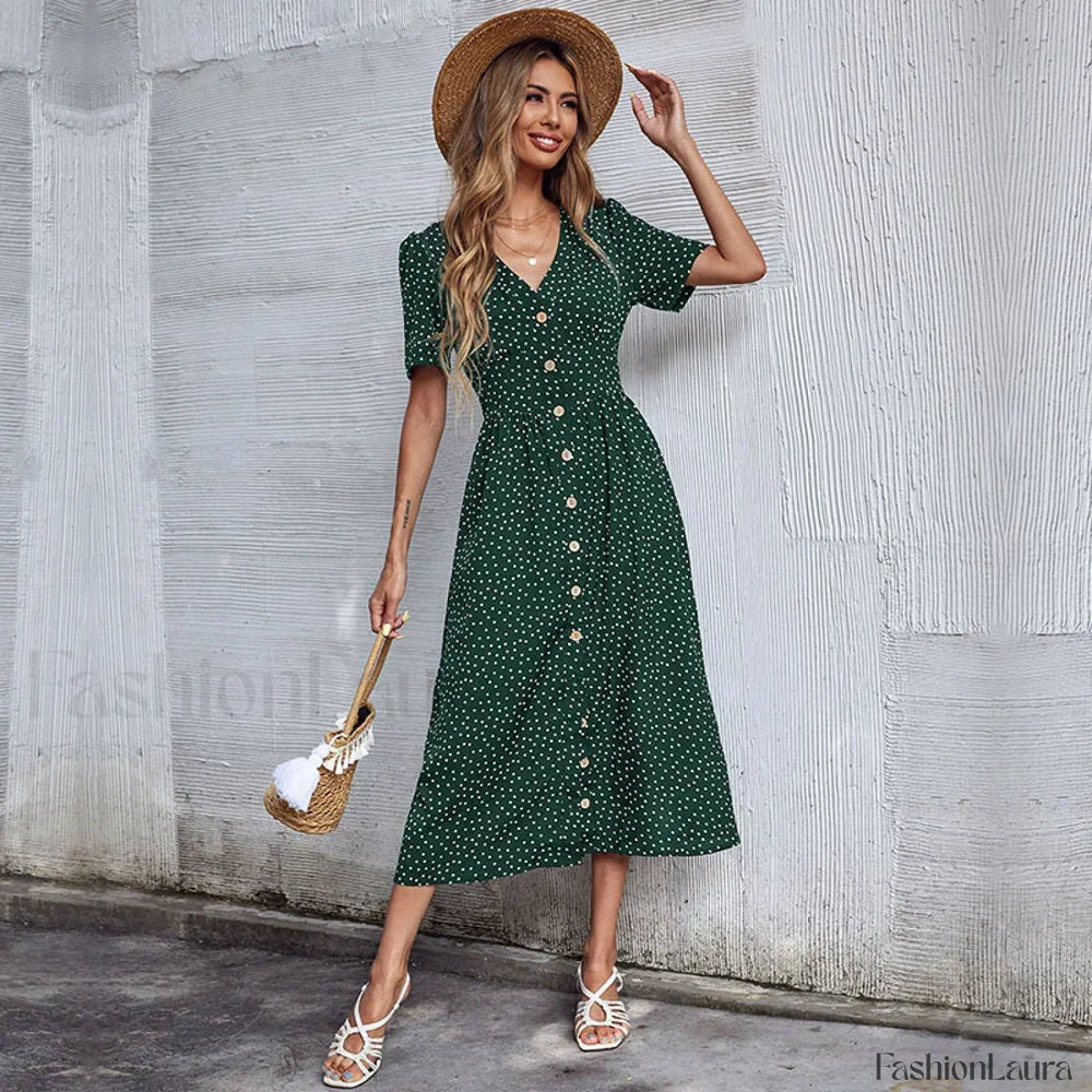 Vacation Chic Single breasted Cardigan V neck Short Sleeve Hem Slit Retro Dot Midi Dress