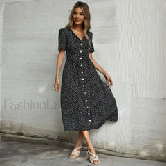 Vacation Chic Single breasted Cardigan V neck Short Sleeve Hem Slit Retro Dot Midi Dress Black / S