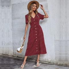Vacation Chic Single breasted Cardigan V neck Short Sleeve Hem Slit Retro Dot Midi Dress Burgundy / S