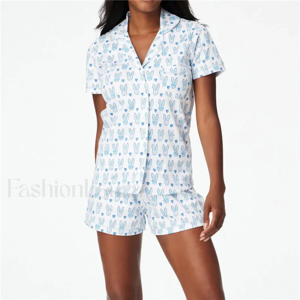 Valentines Heart Print Shirt High Waist Shorts Two Piece Set Blue / S