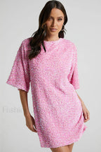 Velour Sequins Stylish Mini Dress S / Pink