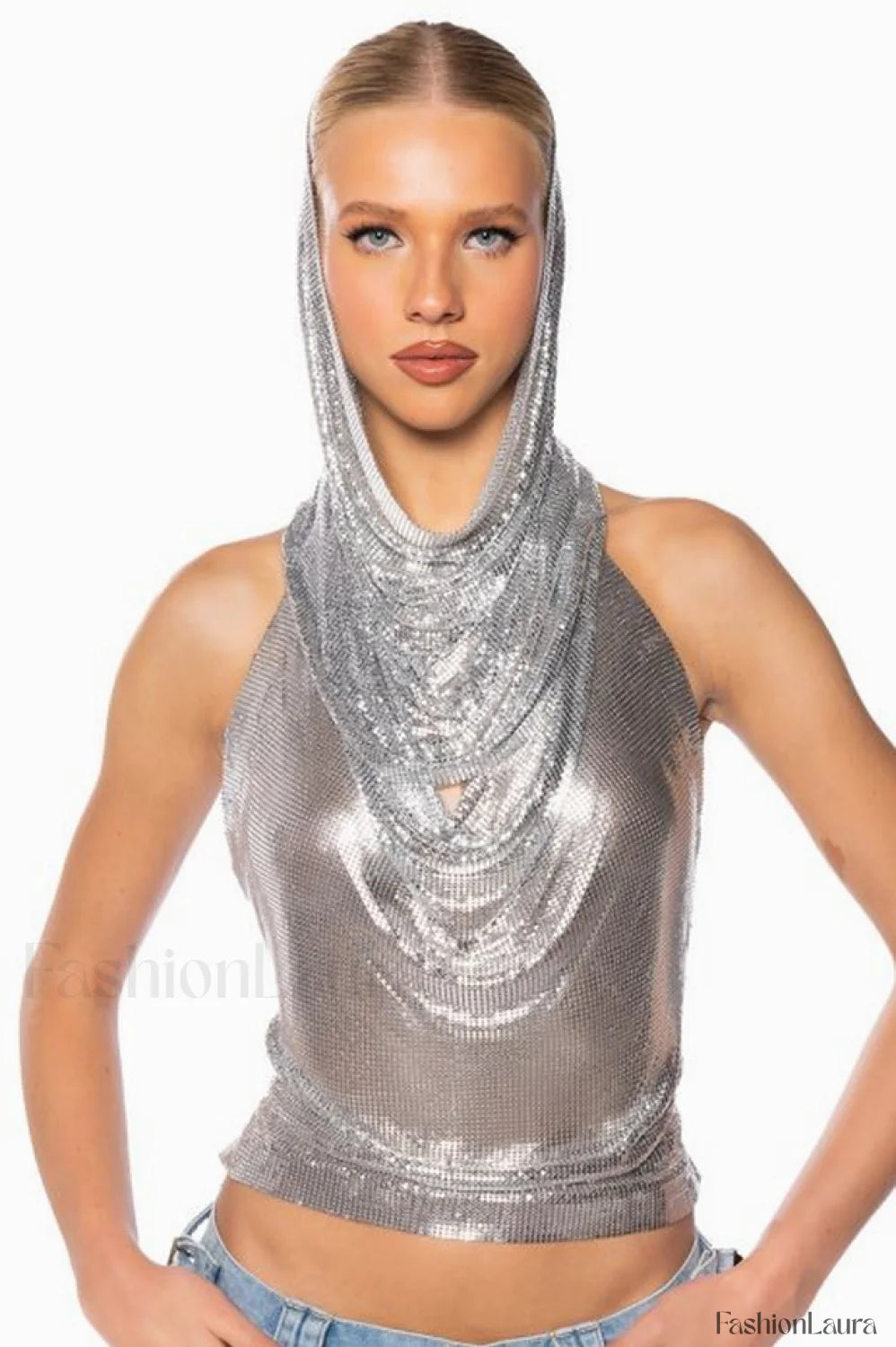 Venus Hoodie Stylish Metallic Top Free Size / Silver