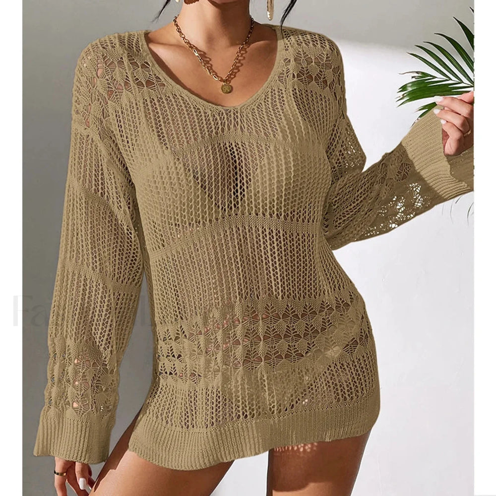 Versatile Crew Neck Long Cover Up Khaki / S