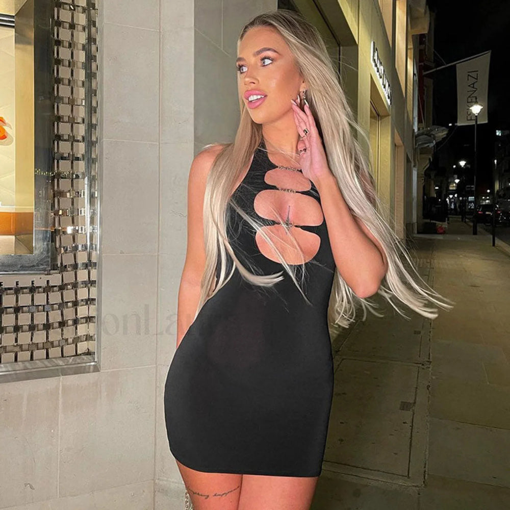 Versatile Glove Open Back Cutout Party Mini Dress Black S / Black Party Dresses