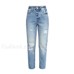 Vibrant Cut Out Faded Frayed Straight Leg Jeans Light Blue L / Light Blue Jeans