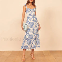 Vintage Blue Floral Print Floral Dress