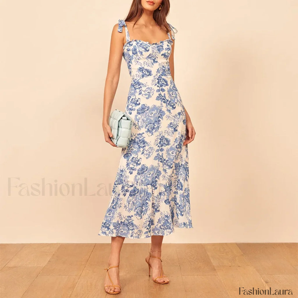 Vintage Blue Floral Print Floral Dress