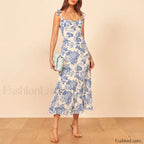 Vintage Blue Floral Print Floral Dress