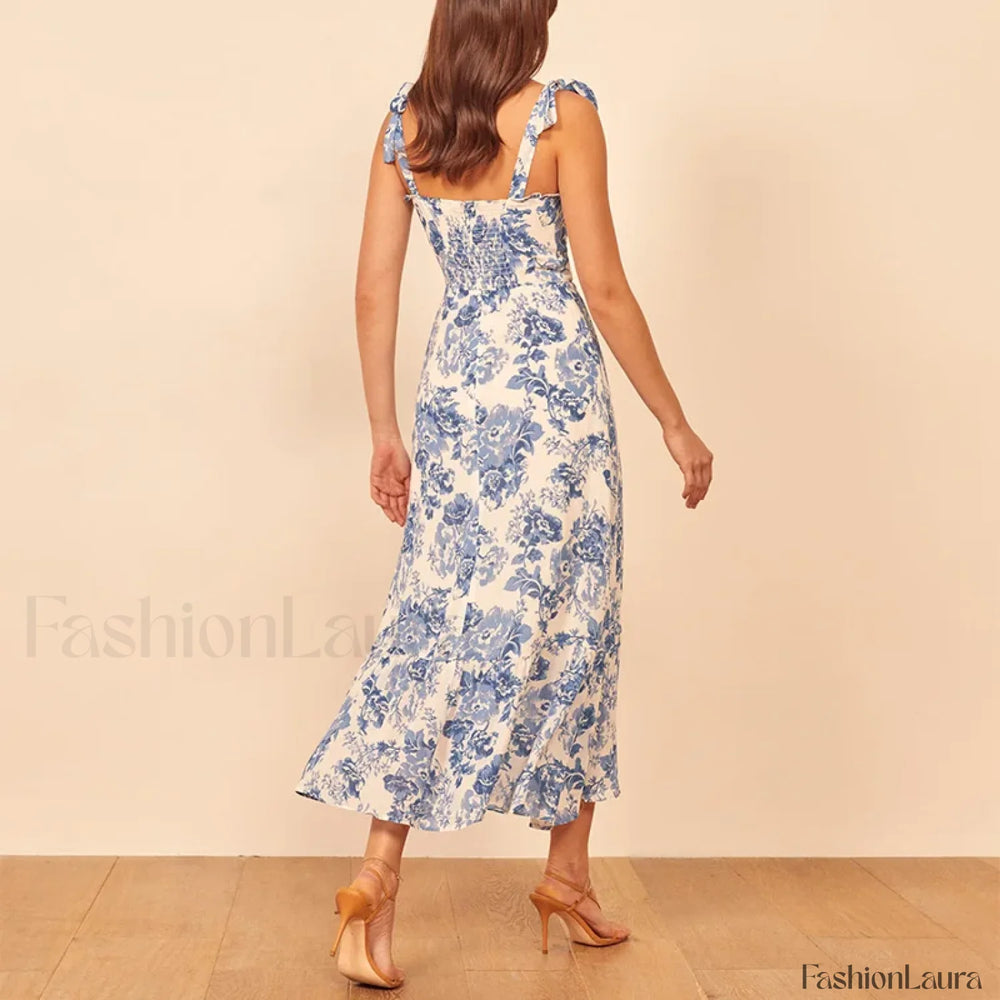 Vintage Blue Floral Print Floral Dress