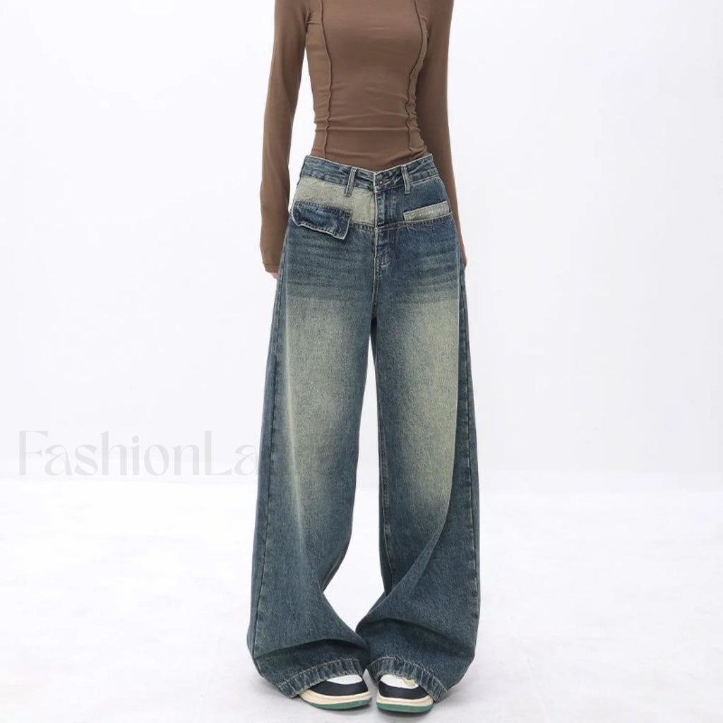 Vintage Blue Wash Trendy Patchwork Boyfriend Jeans Blue / L women clothing