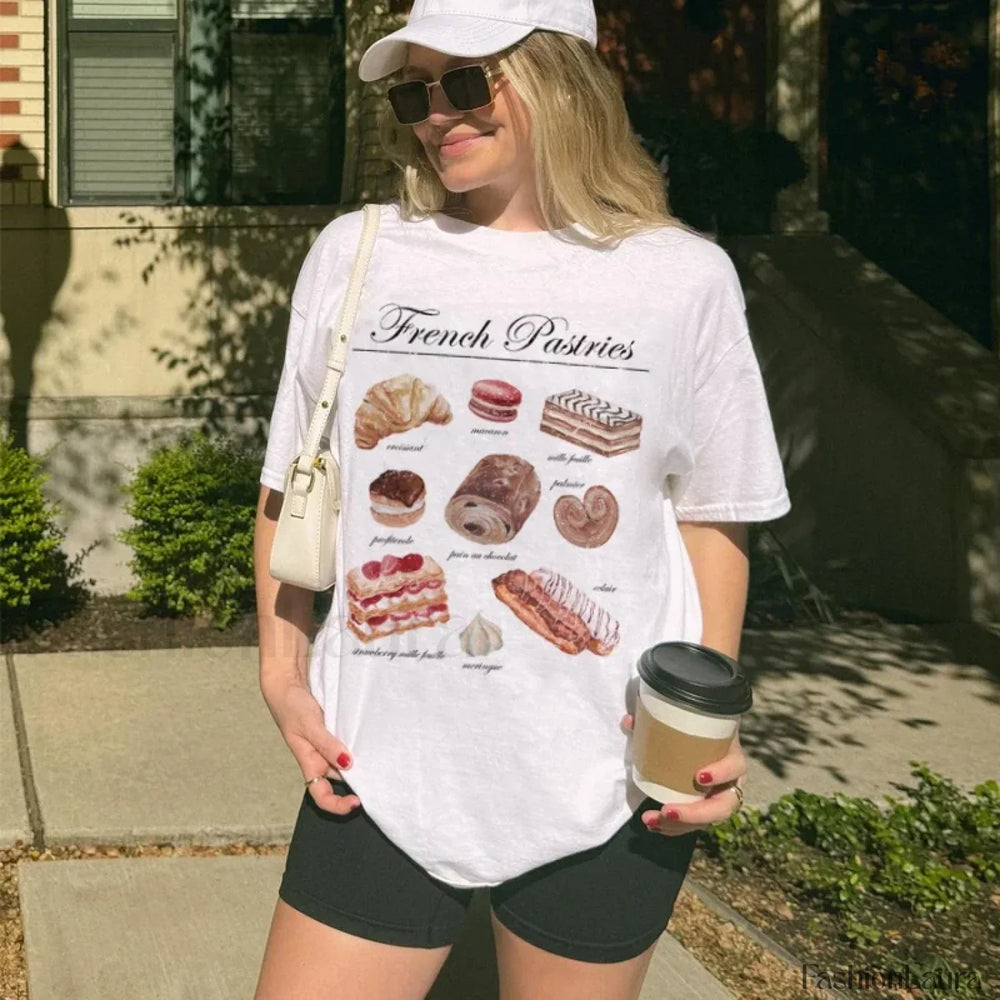 Vintage Boho French Pastries Baking Foodie T Shirt WHITE / S