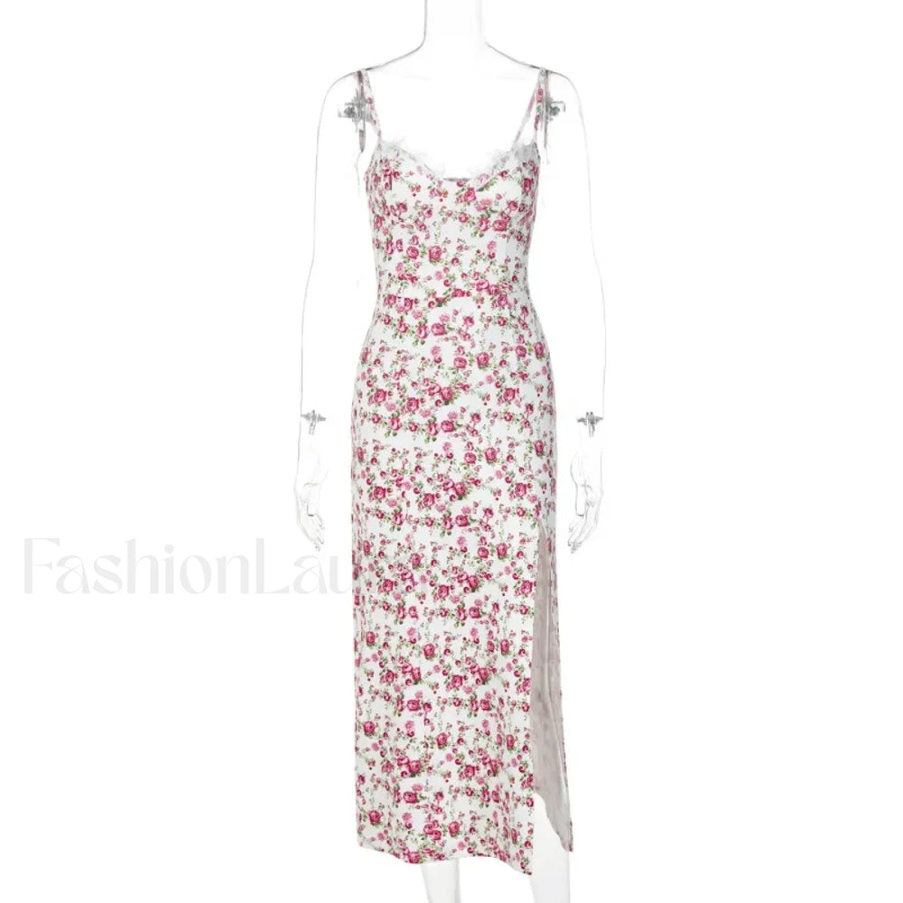 Vintage Boho Split Thigh Sleeveless Floral Print A Line Beach Midi Dress
