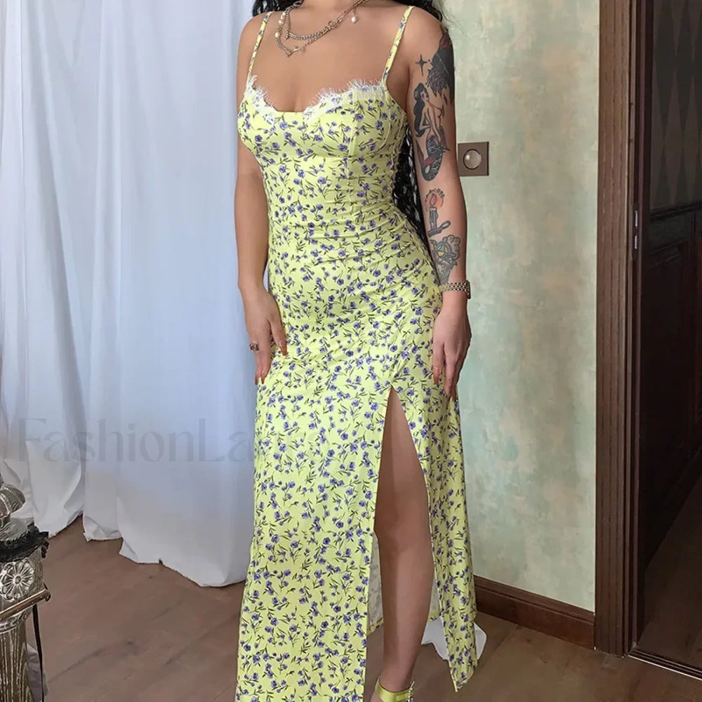 Vintage Boho Split Thigh Sleeveless Floral Print A Line Beach Midi Dress Yellow / S