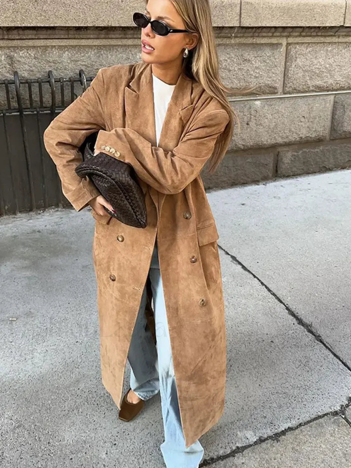 Vintage Brown Women’s Lapel Long Overcoats Khaki / S