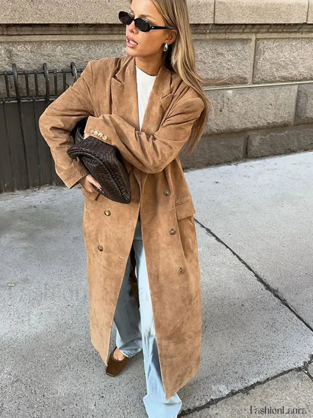 Vintage Brown Women’s Lapel Long Overcoats Khaki / S