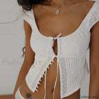 Vintage Button Up Milkmaid Crop Top WHITE / S